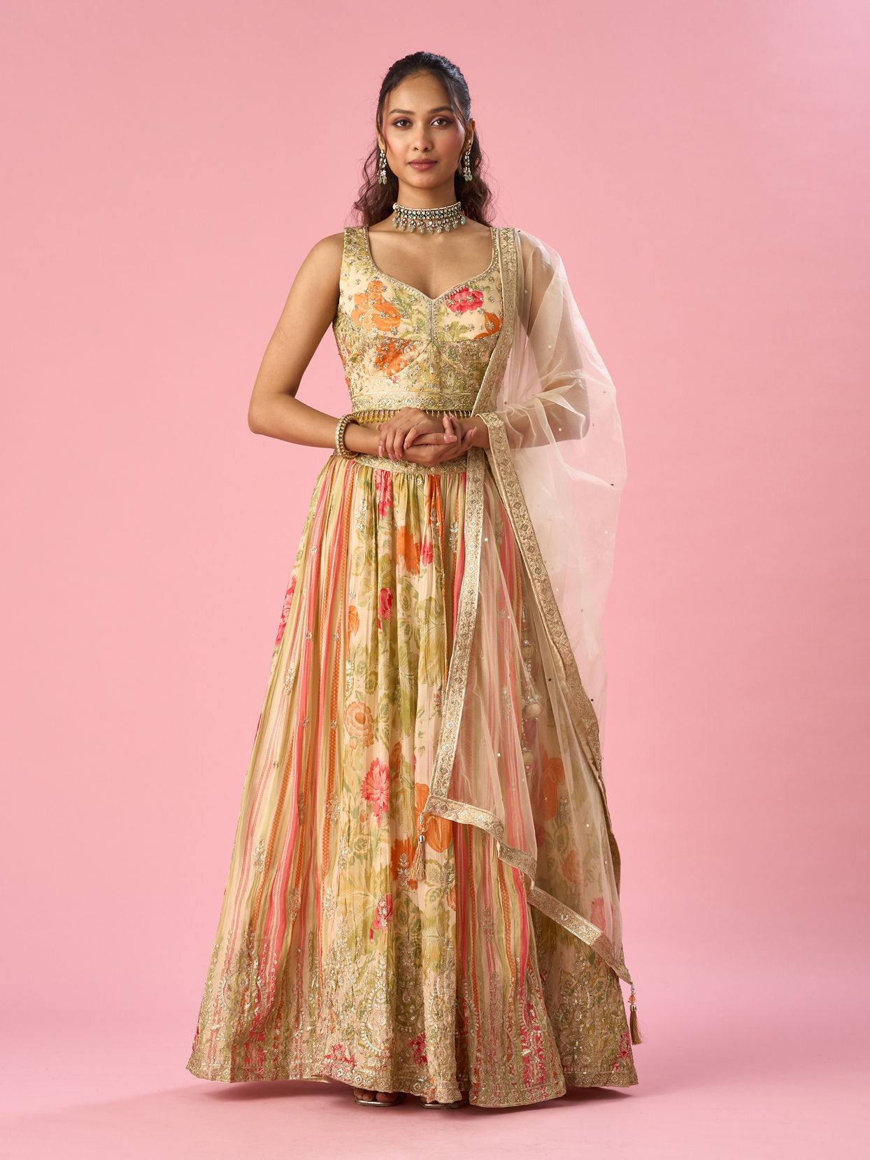 Mohey Women Cream Chinon Lehenga with Moti Work