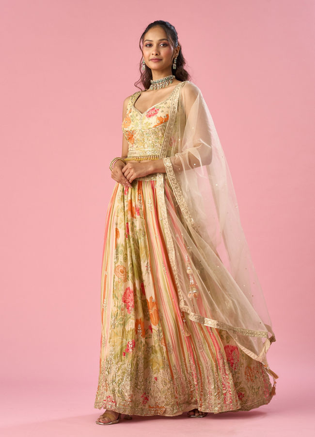 Mohey Women Cream Chinon Lehenga with Moti Work
