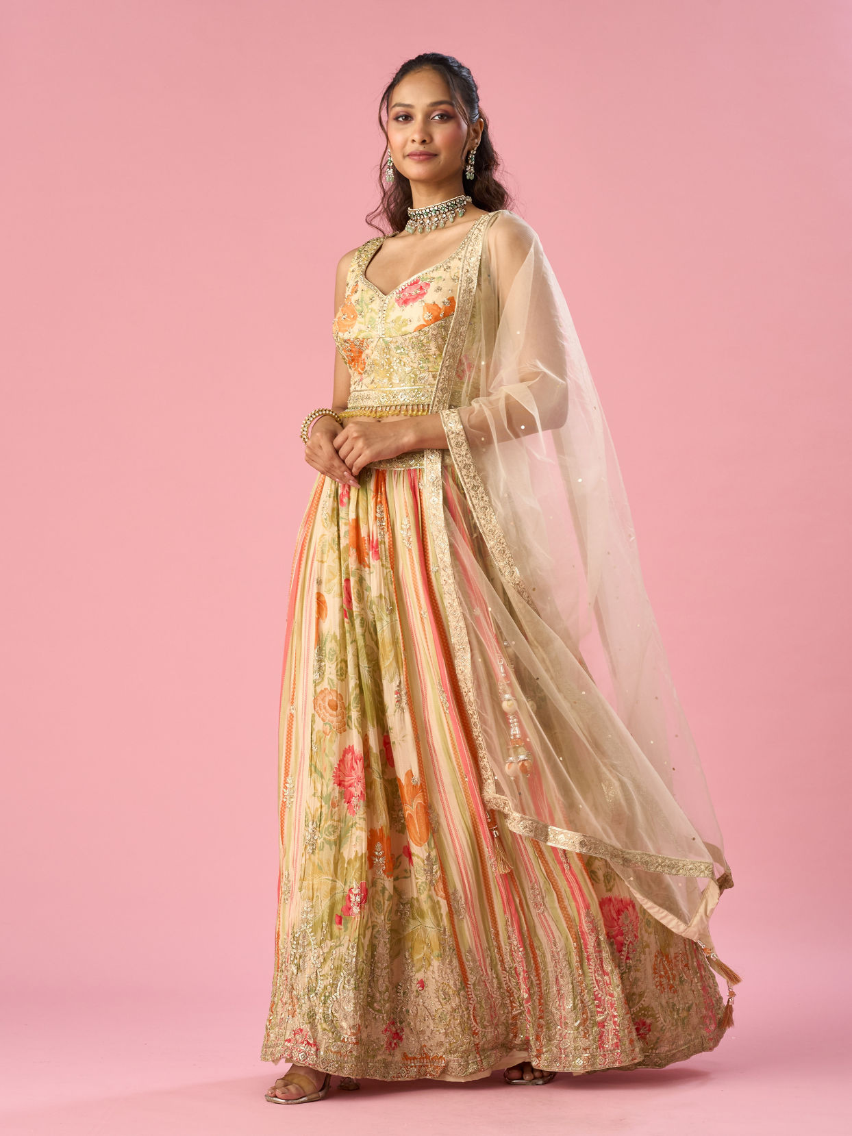 Mohey Women Cream Chinon Lehenga with Moti Work