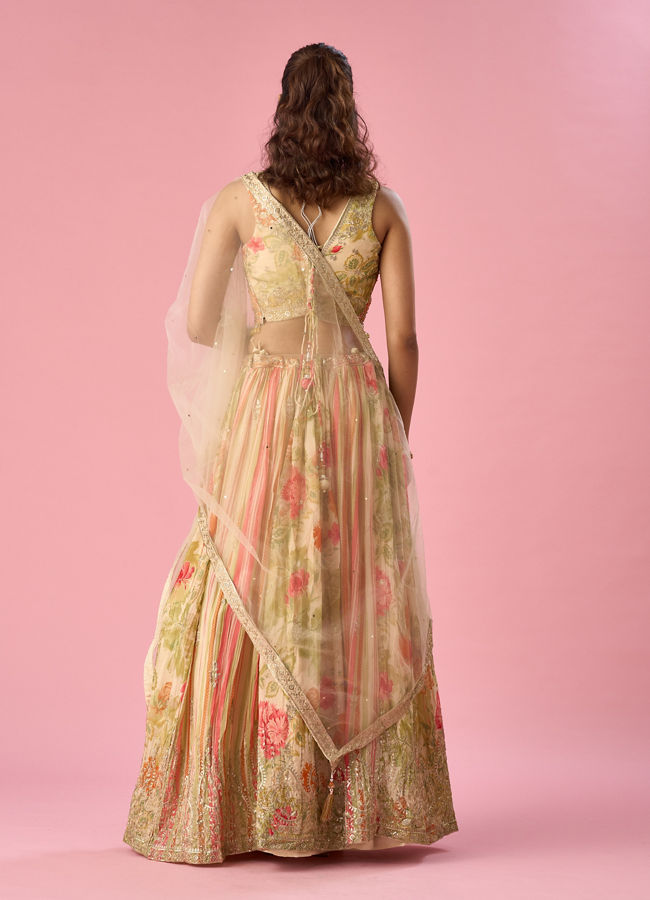 Mohey Women Cream Chinon Lehenga with Moti Work