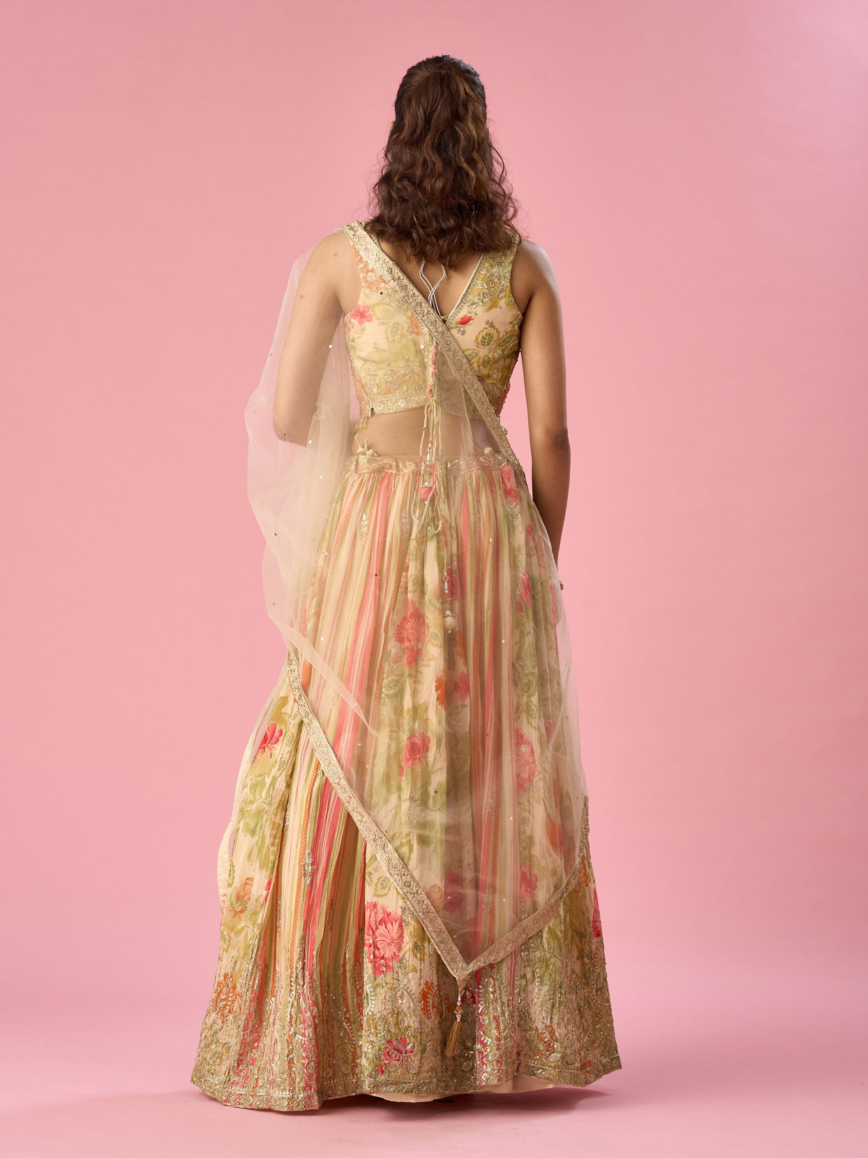 Mohey Women Cream Chinon Lehenga with Moti Work
