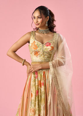 Mohey Women Cream Chinon Lehenga with Moti Work