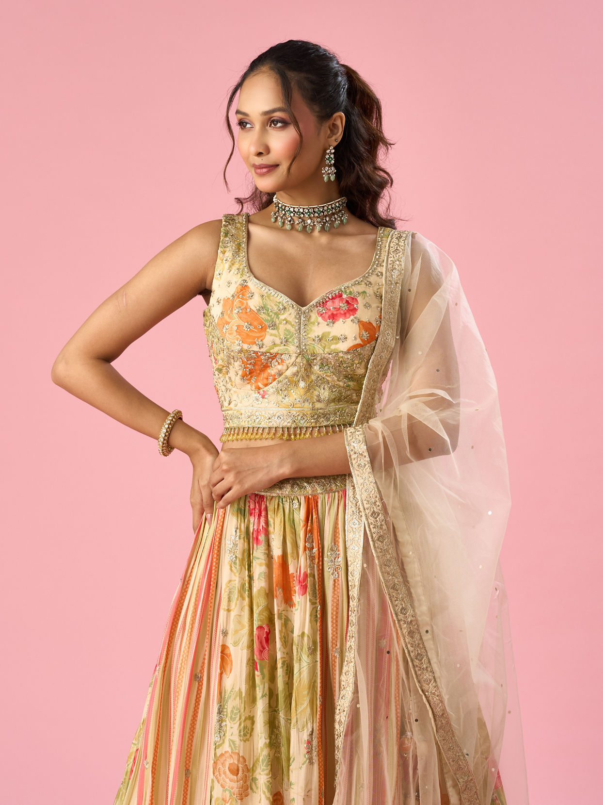 Mohey Women Cream Chinon Lehenga with Moti Work