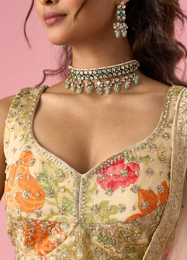 Mohey Women Cream Chinon Lehenga with Moti Work