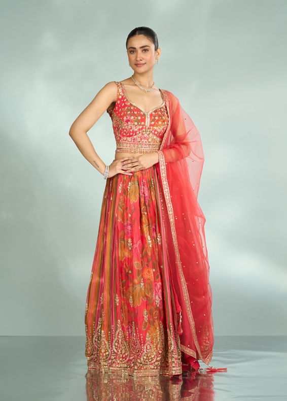 Mohey Women Flowery Glow Orange Lehenga