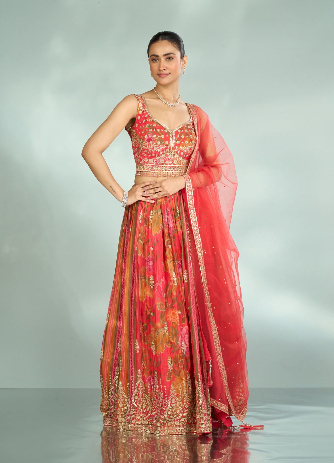 Mohey Women Flowery Glow Orange Lehenga