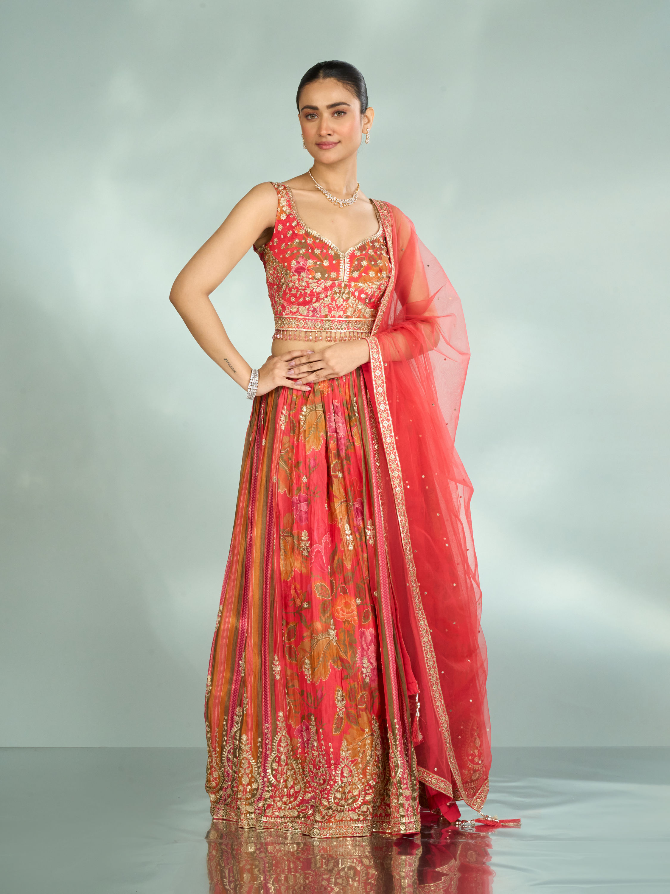 Mohey Women Flowery Glow Orange Lehenga