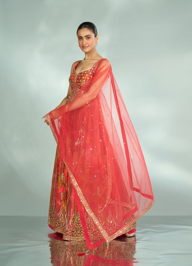 Mohey Women Flowery Glow Orange Lehenga