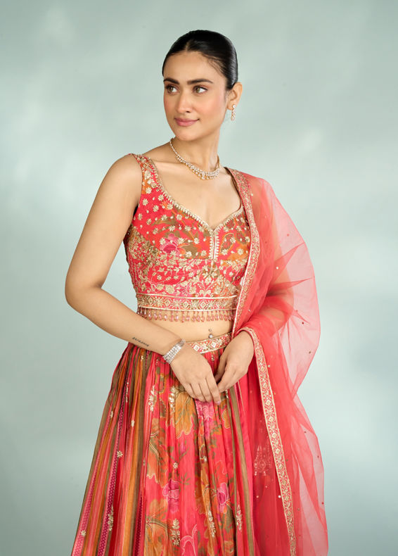 Mohey Women Flowery Glow Orange Lehenga