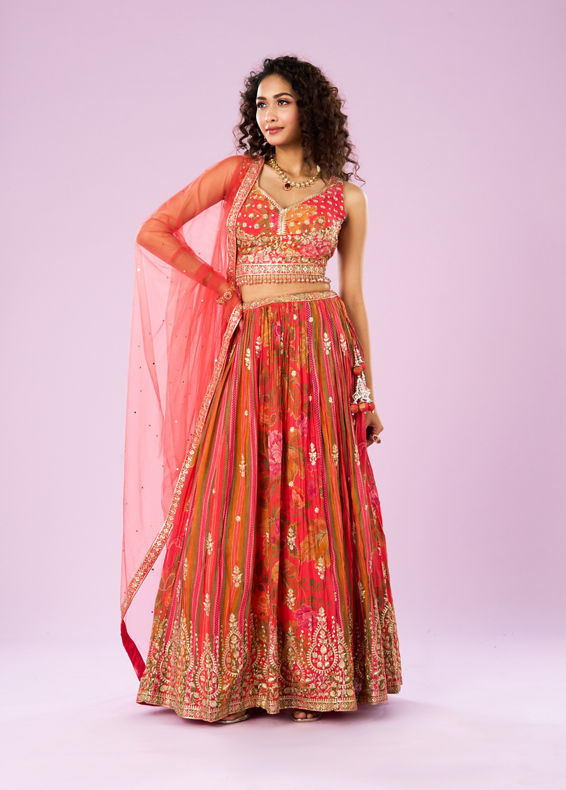 Mohey Women Flowery Glow Orange Lehenga