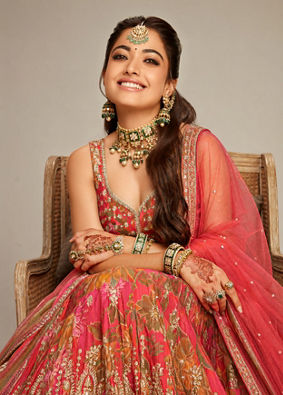 Mohey Women Flowery Glow Orange Lehenga