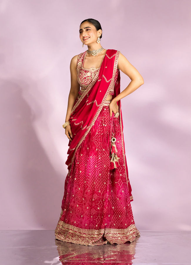 Mohey Women Pink Chinon Ensemble Lehenga