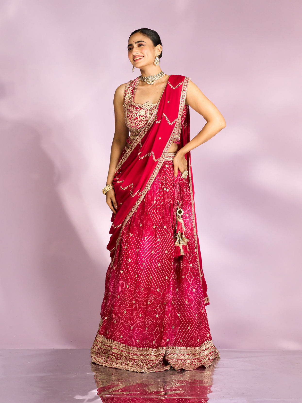 Mohey Women Pink Chinon Ensemble Lehenga