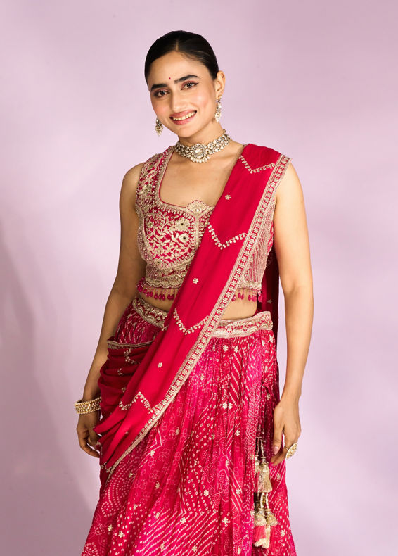 Mohey Women Pink Chinon Ensemble Lehenga