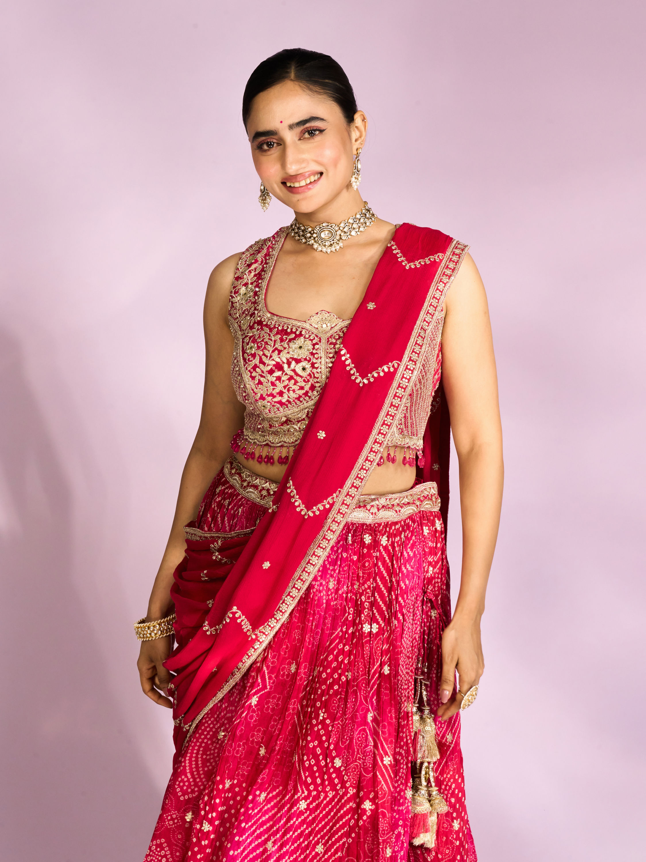 Mohey Women Pink Chinon Ensemble Lehenga