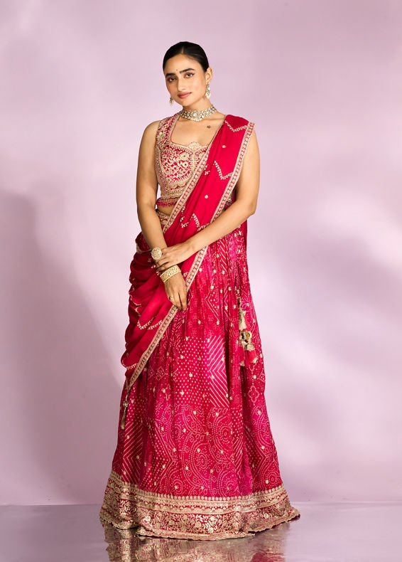 Mohey Women Pink Chinon Ensemble Lehenga