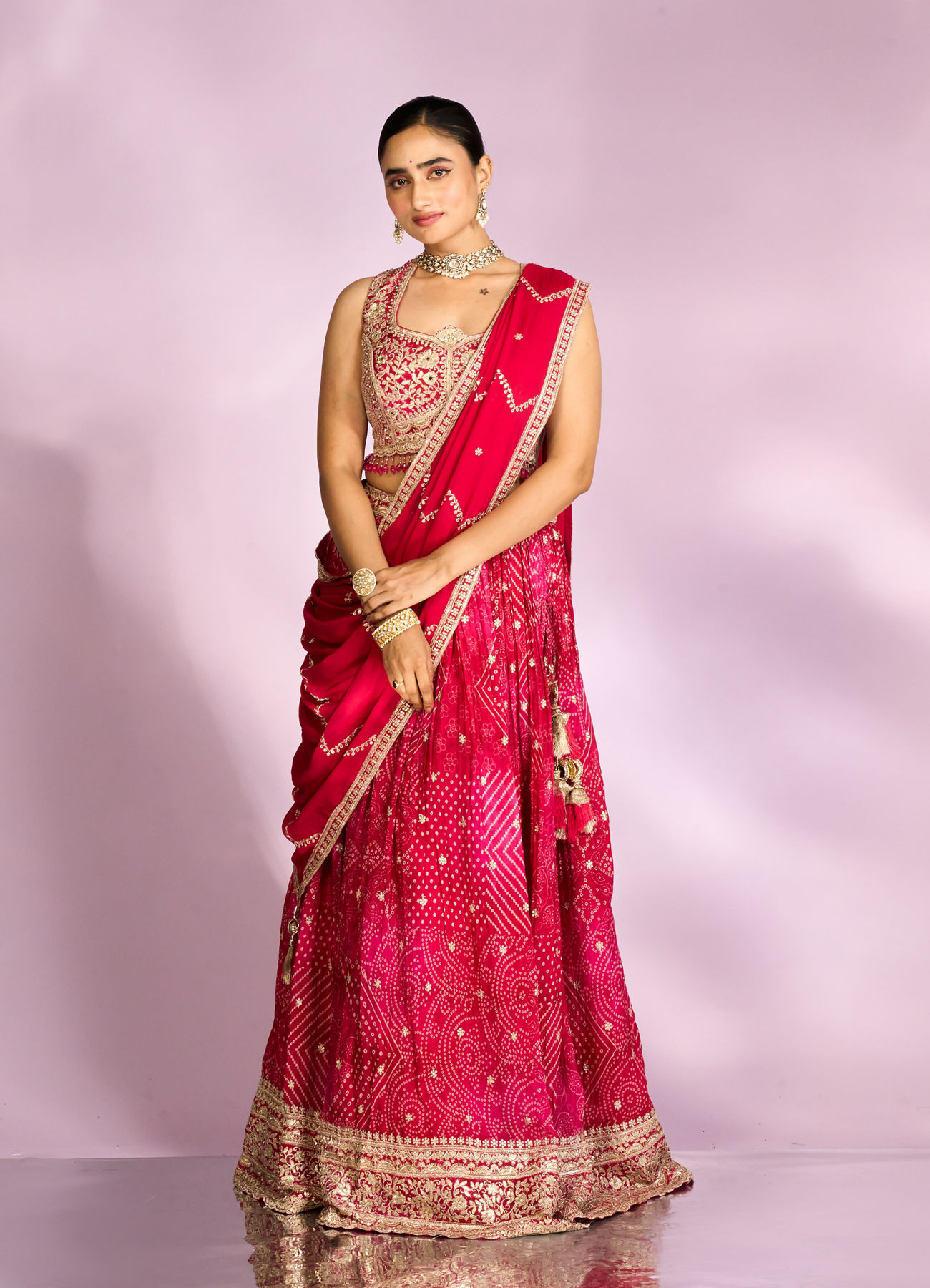 Mohey Women Pink Chinon Ensemble Lehenga