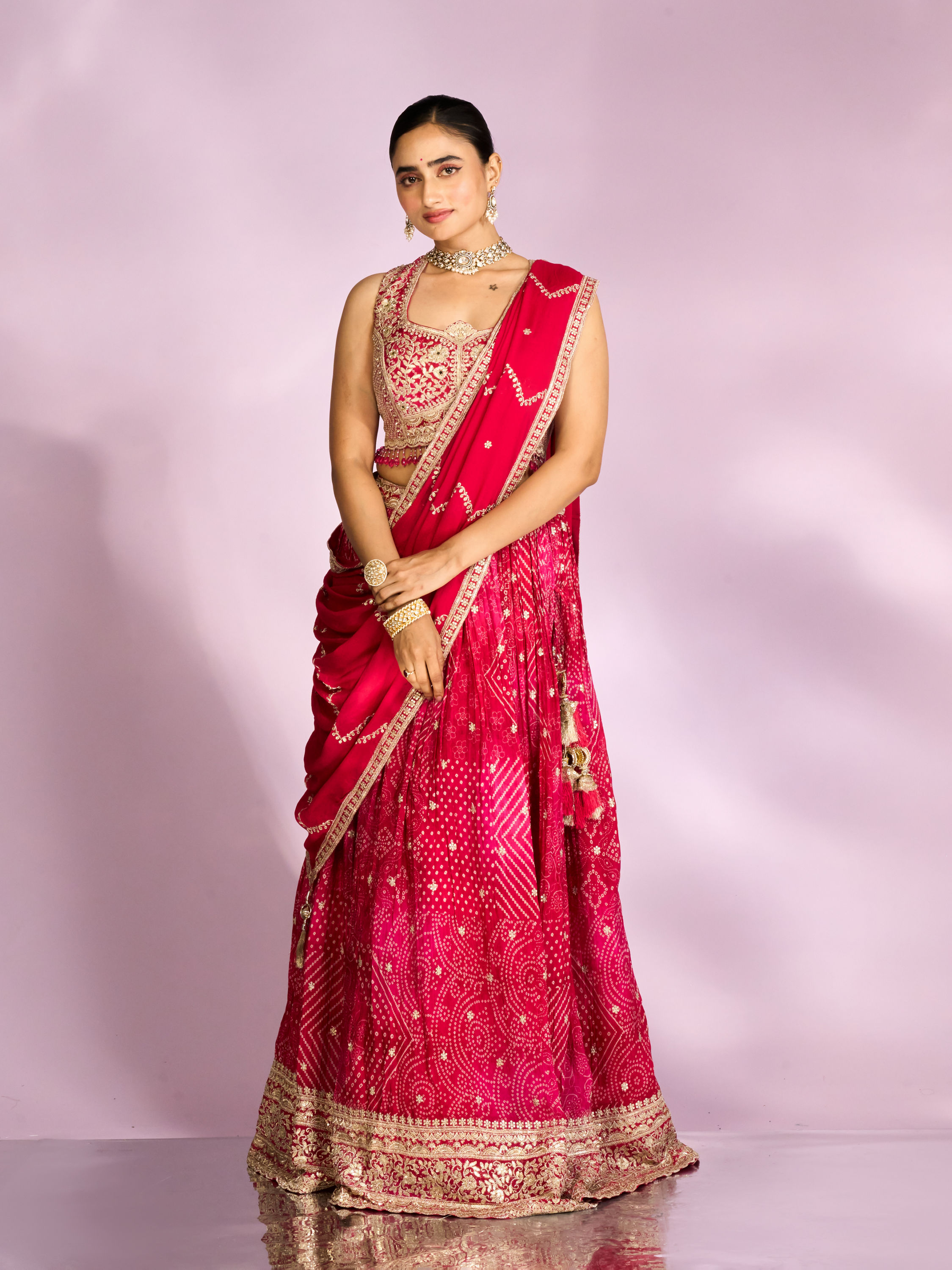 Mohey Women Pink Chinon Ensemble Lehenga