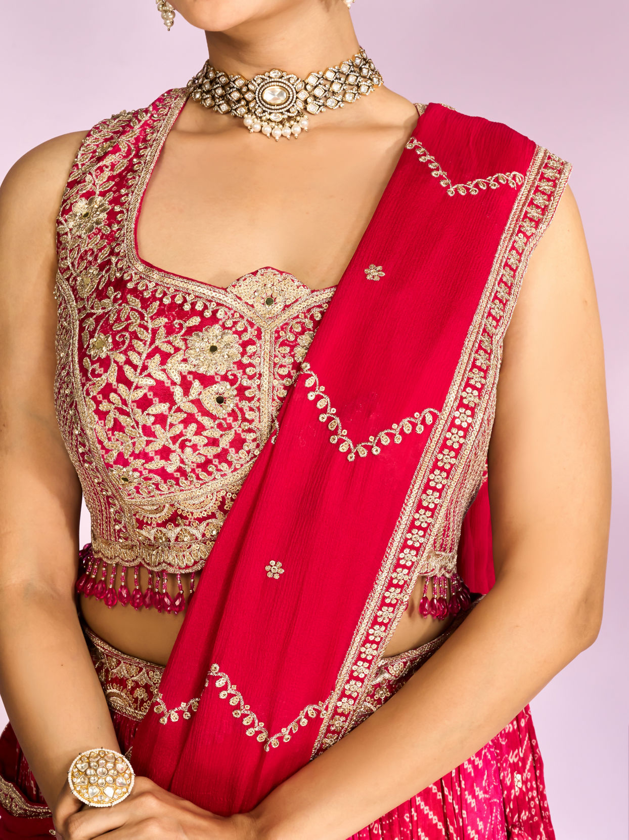Mohey Women Pink Chinon Ensemble Lehenga