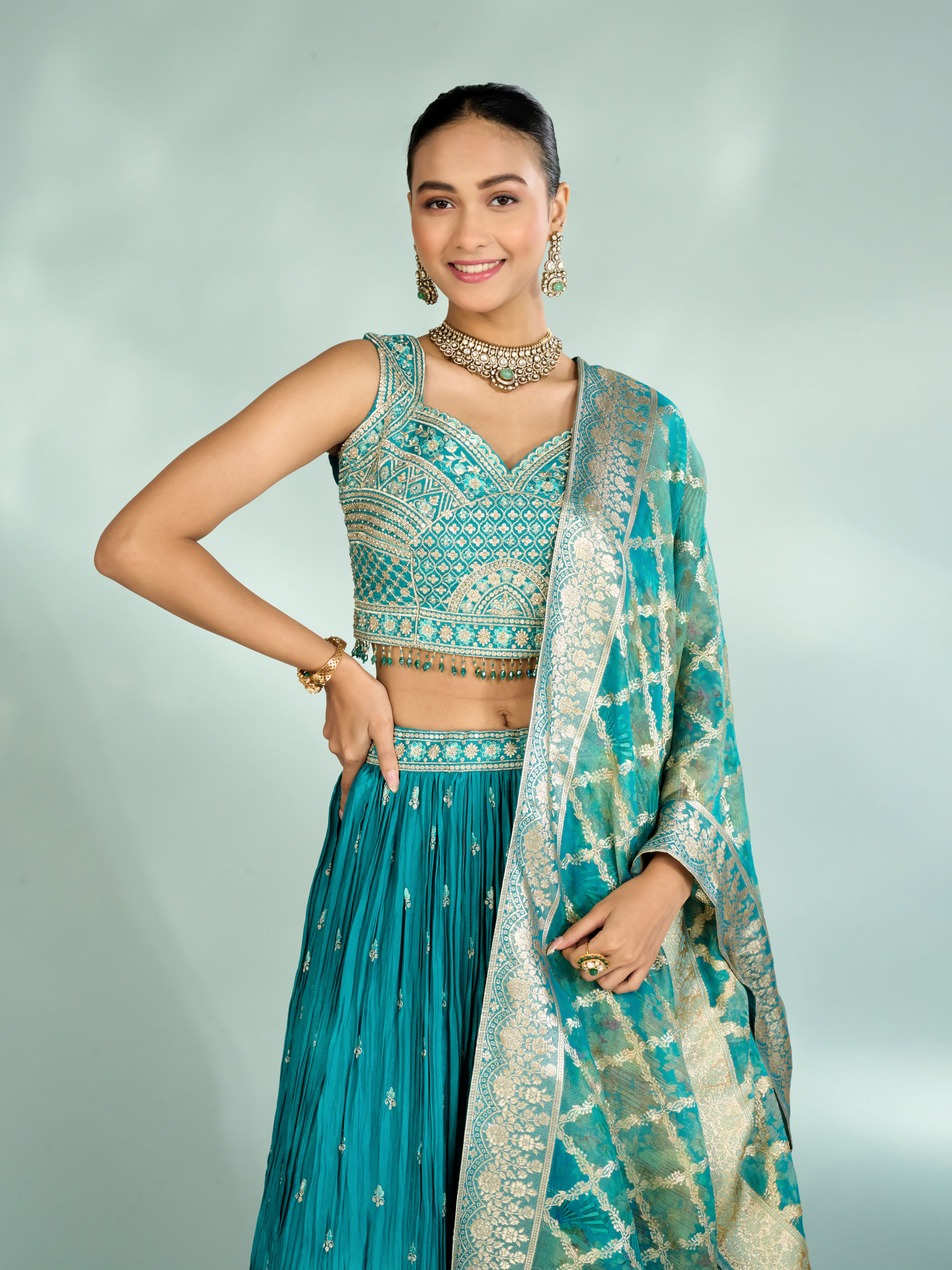 Mohey Women Emerald Elegance Lehenga