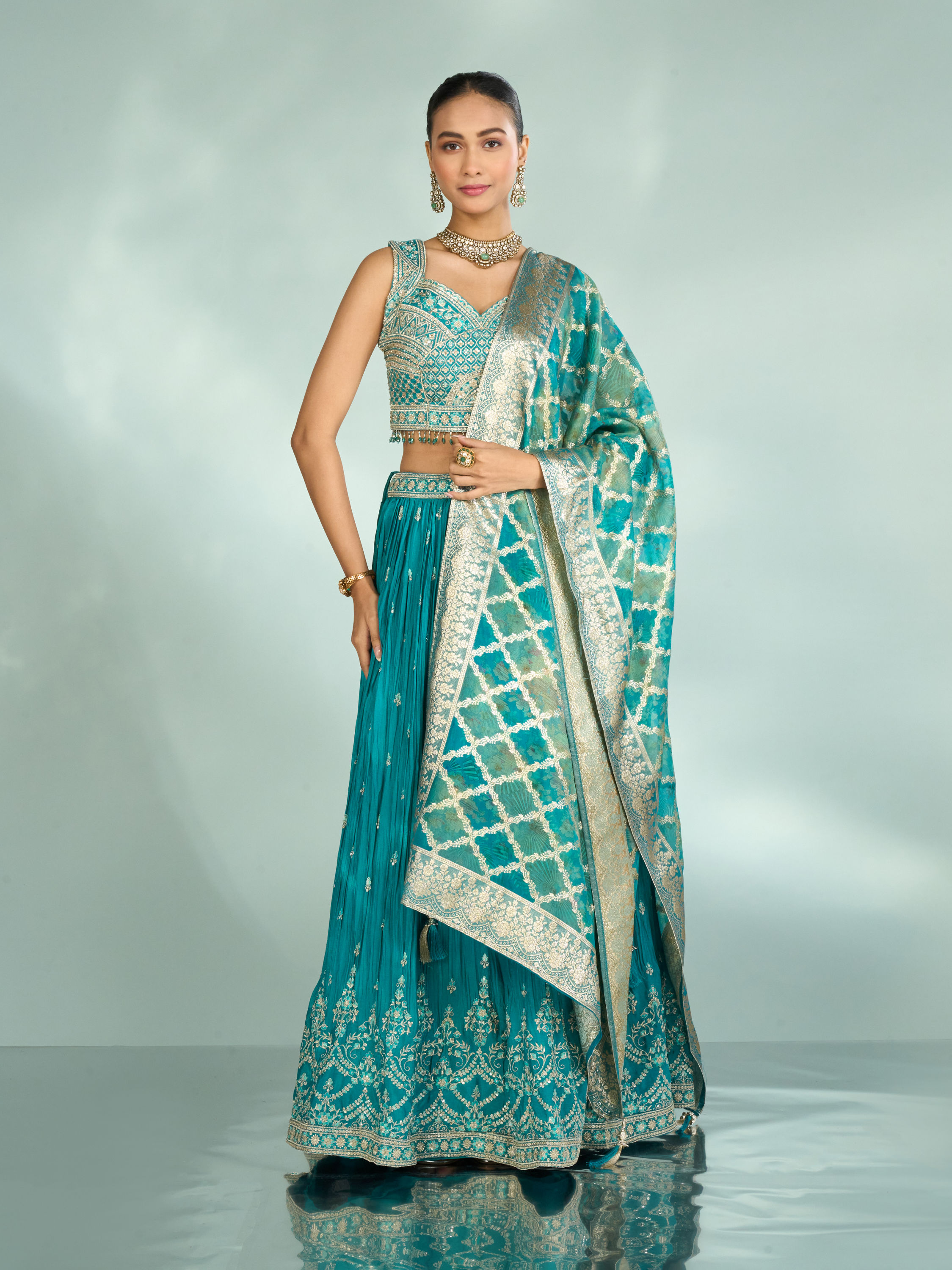 Mohey Women Emerald Elegance Lehenga