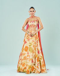 Mohey Women Cream Tissue Fusion Lehenga Set