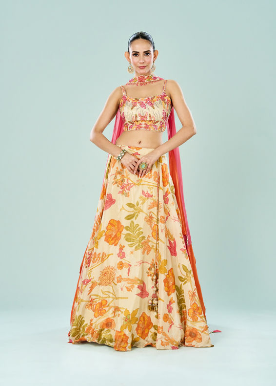 Mohey Women Cream Tissue Fusion Lehenga Set