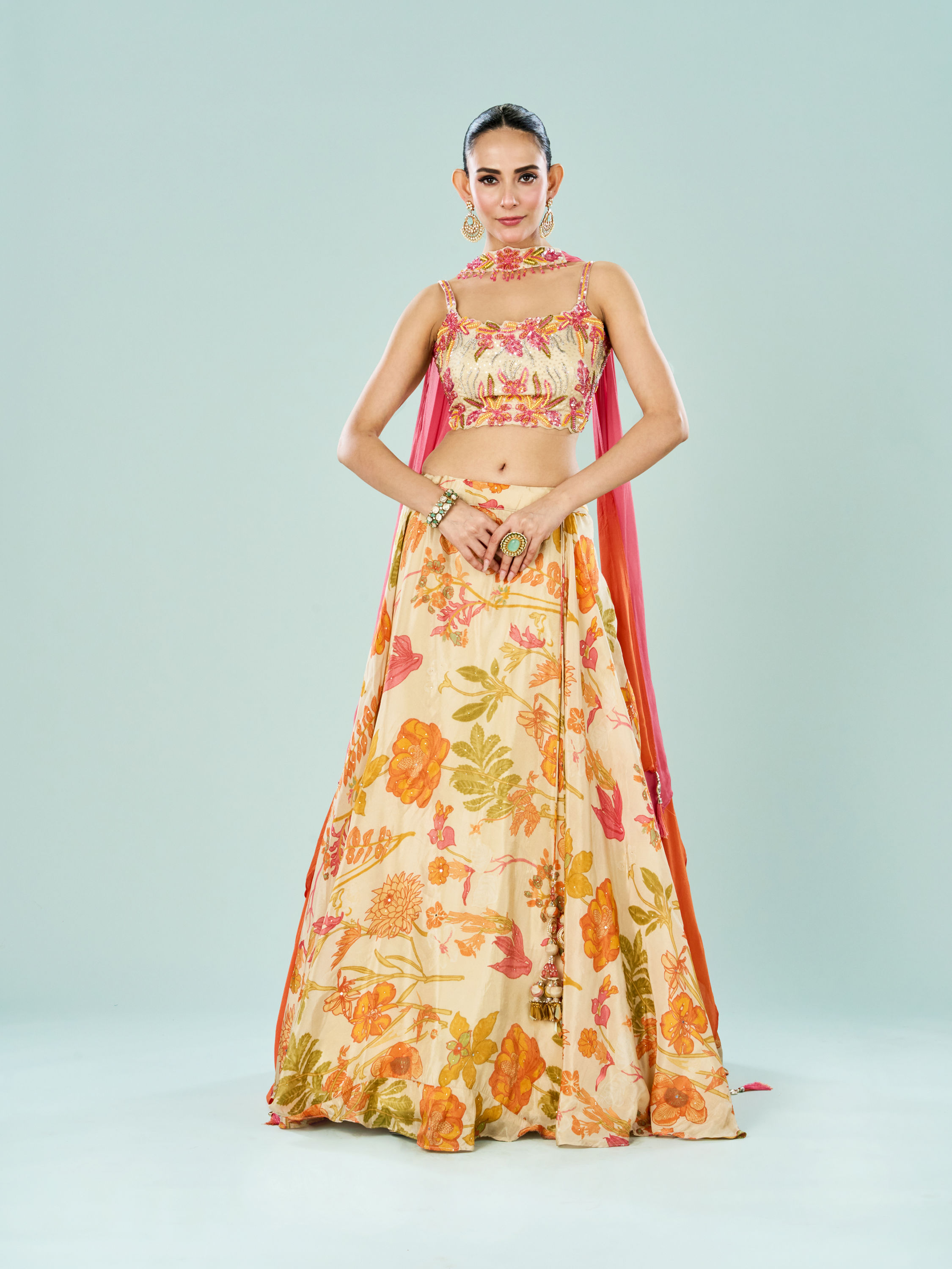 Mohey Women Cream Tissue Fusion Lehenga Set