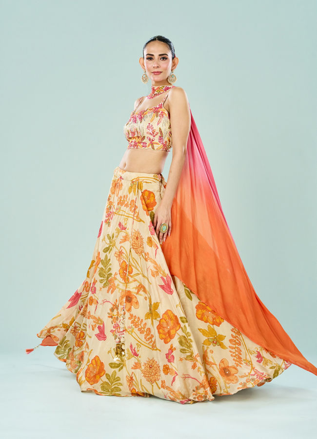 Mohey Women Cream Tissue Fusion Lehenga Set