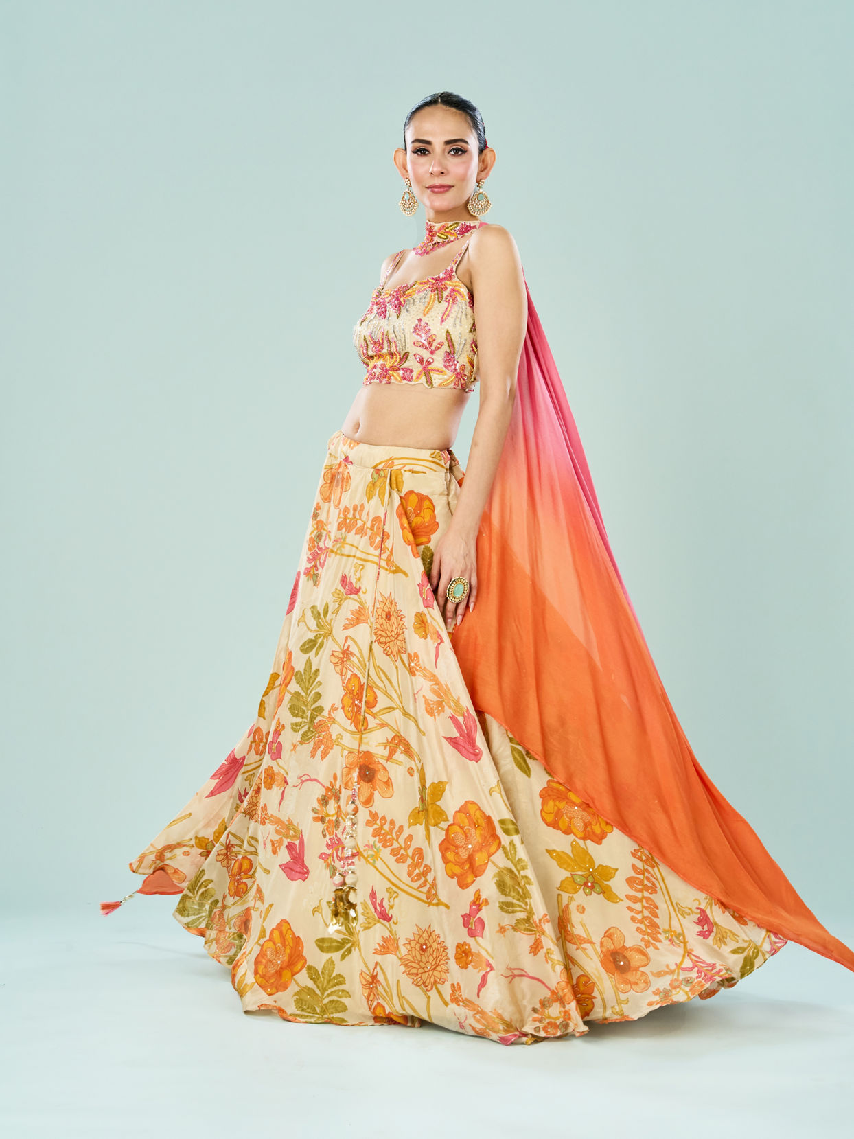 Mohey Women Cream Tissue Fusion Lehenga Set