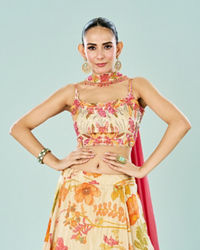 Mohey Women Cream Tissue Fusion Lehenga Set
