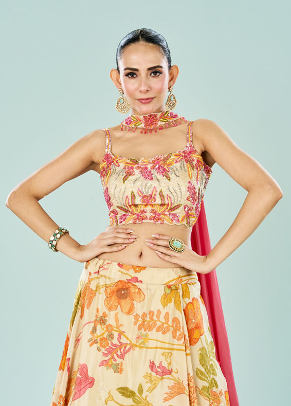 Mohey Women Cream Tissue Fusion Lehenga Set