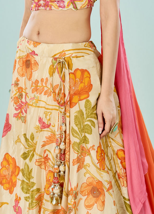 Mohey Women Cream Tissue Fusion Lehenga Set