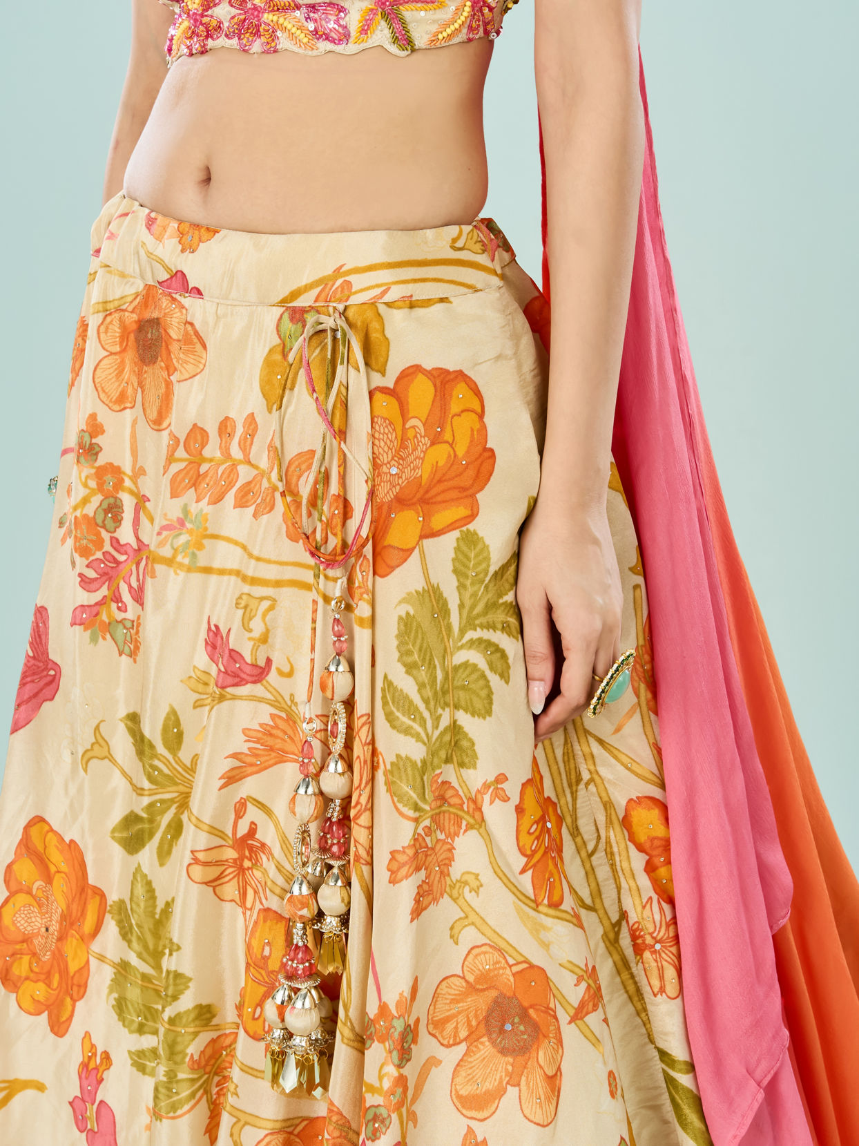 Mohey Women Cream Tissue Fusion Lehenga Set
