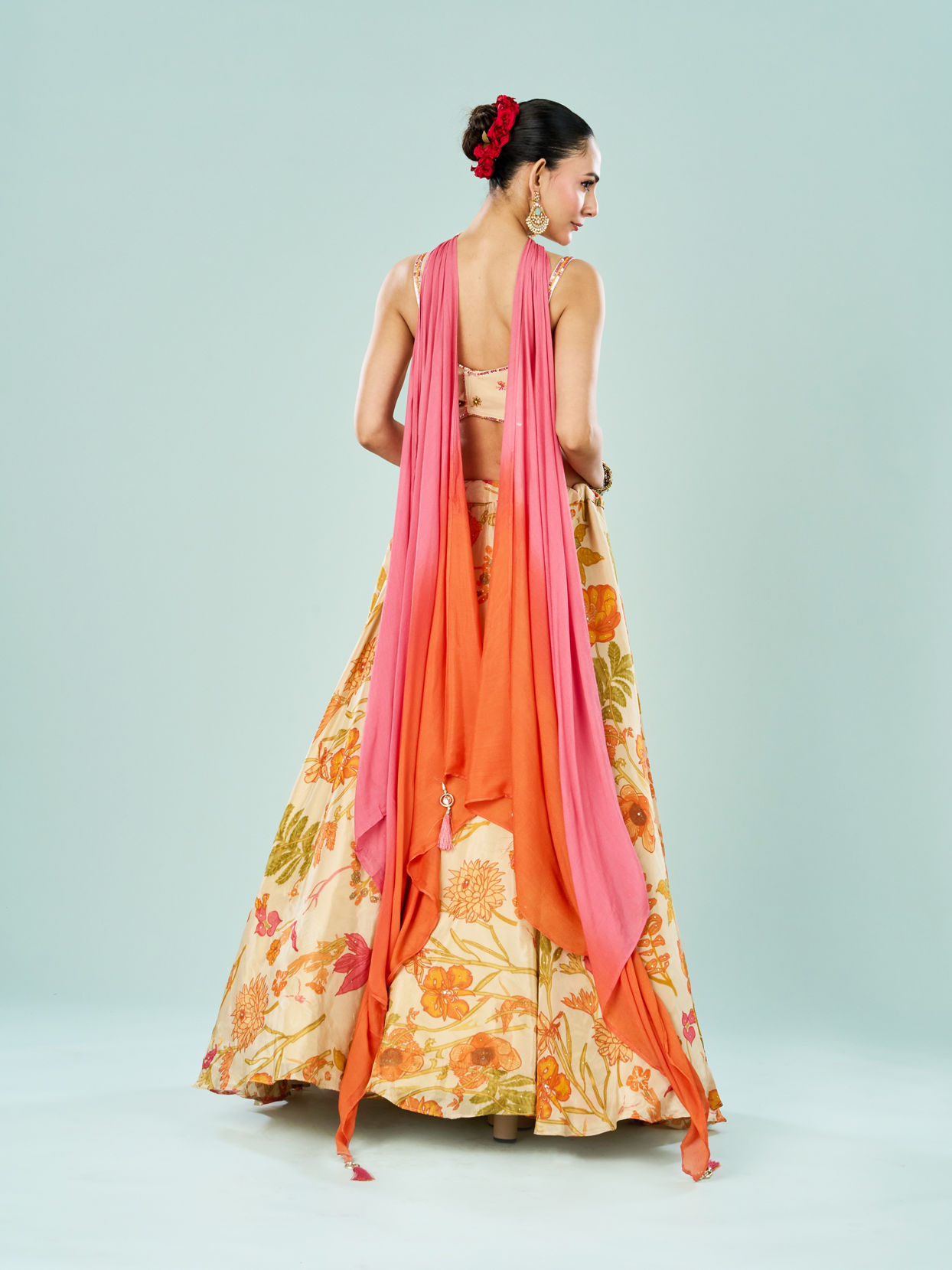 Mohey Women Cream Tissue Fusion Lehenga Set