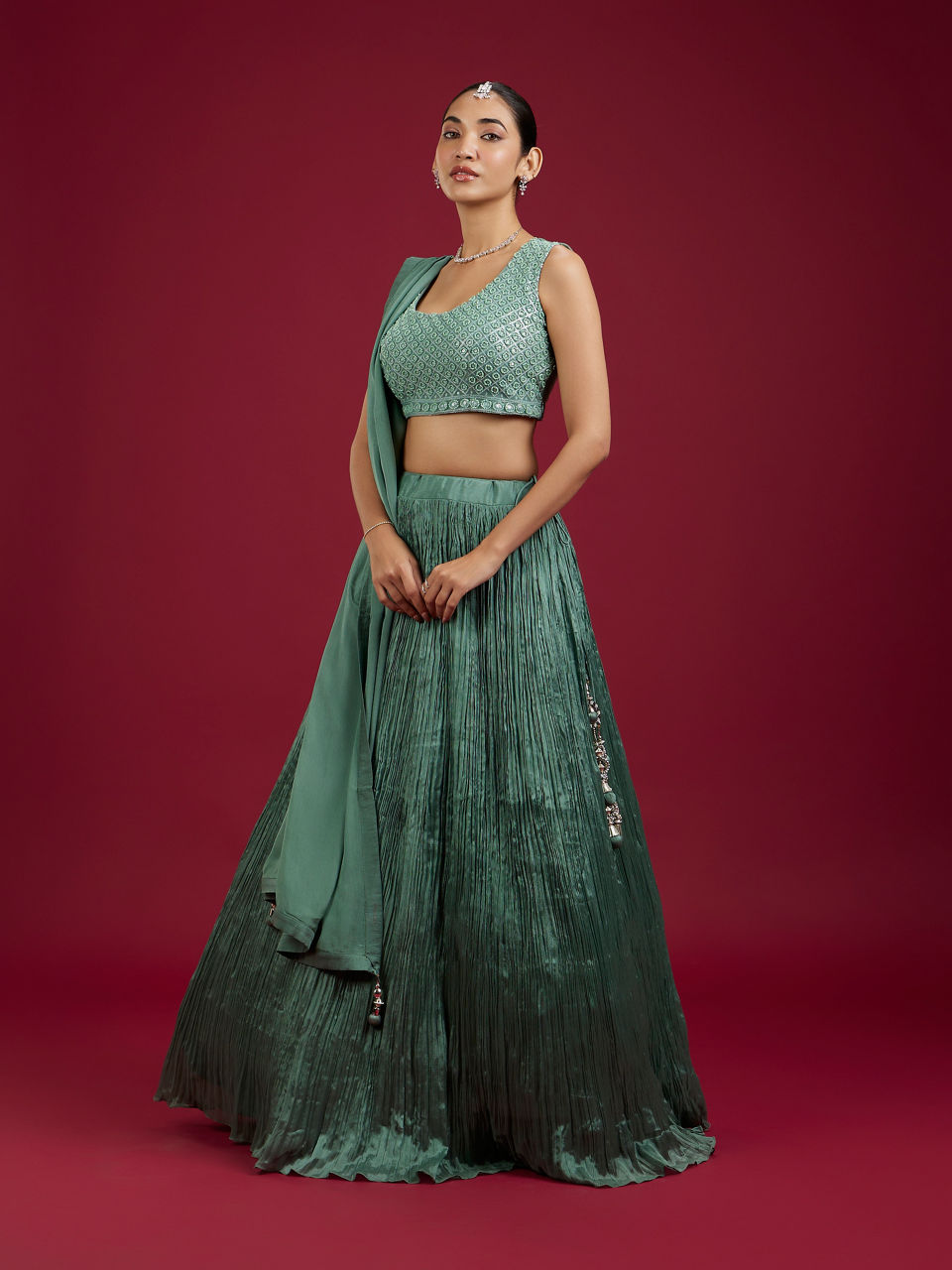 Mohey Women Emerald Elegance Chinon Lehenga