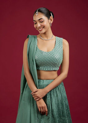 Mohey Women Emerald Elegance Chinon Lehenga