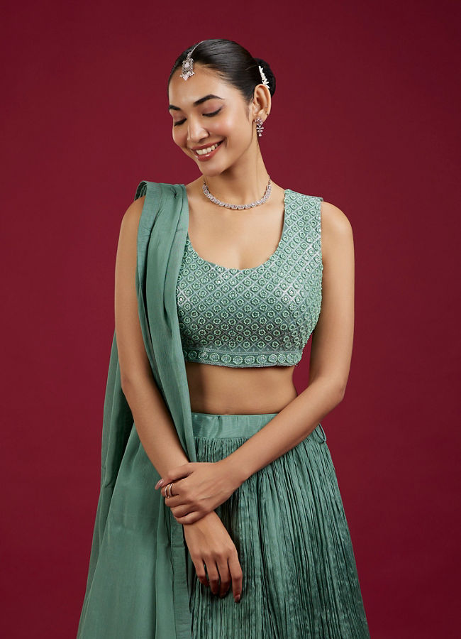 Mohey Women Emerald Elegance Chinon Lehenga