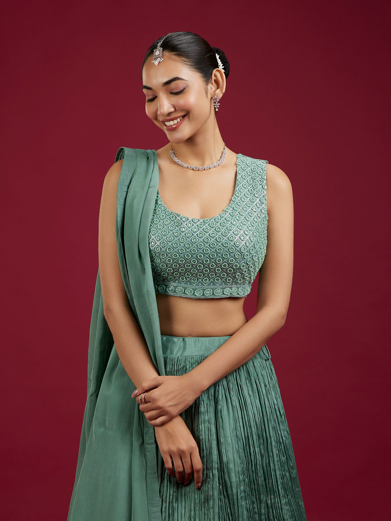 Mohey Women Emerald Elegance Chinon Lehenga