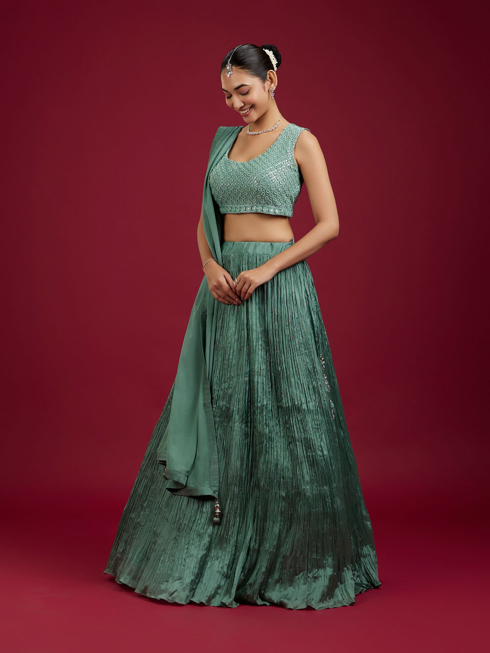 Mohey Women Emerald Elegance Chinon Lehenga