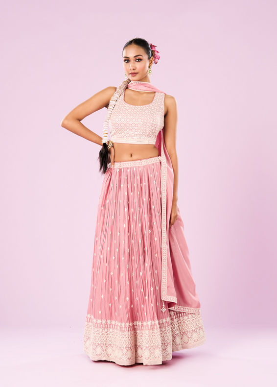 Mohey Women Pink Chinon Lehenga Set