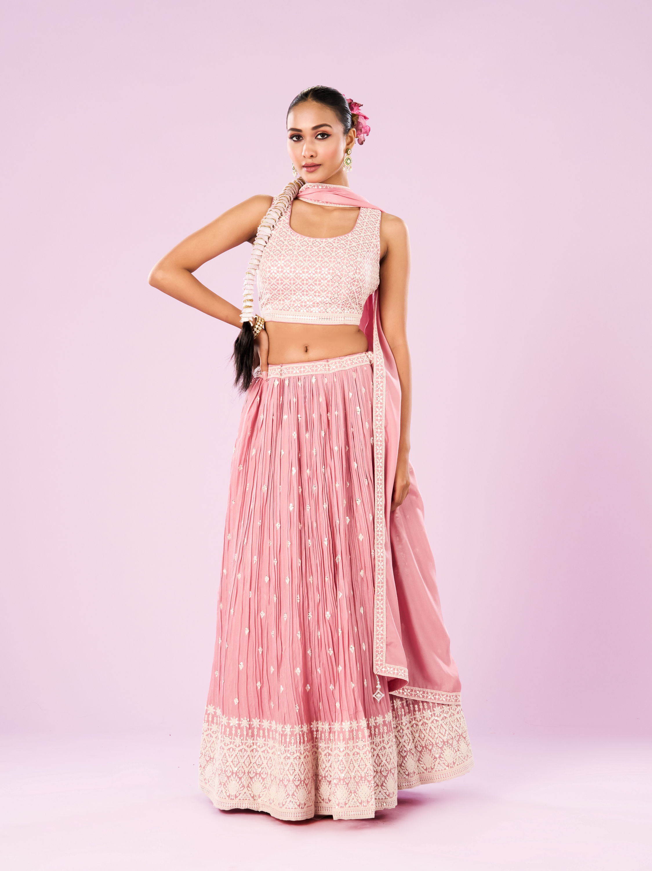 Mohey Women Pink Chinon Lehenga Set