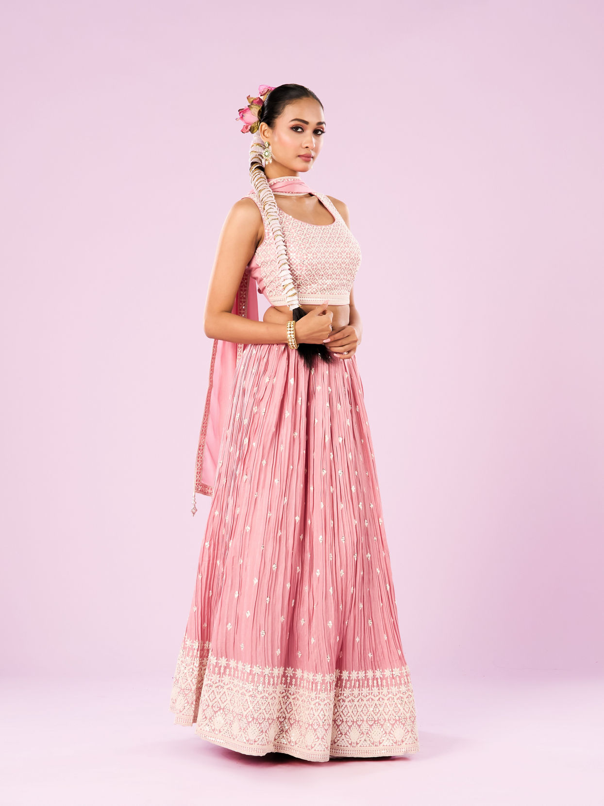 Mohey Women Pink Chinon Lehenga Set