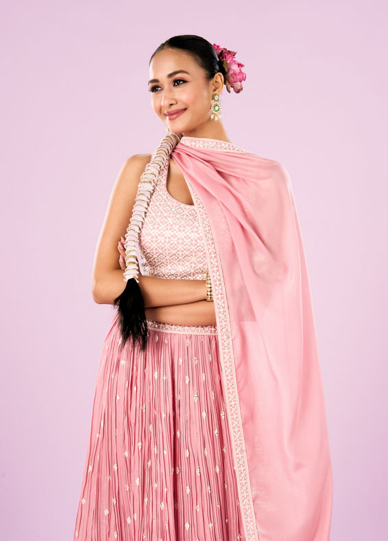 Mohey Women Pink Chinon Lehenga Set