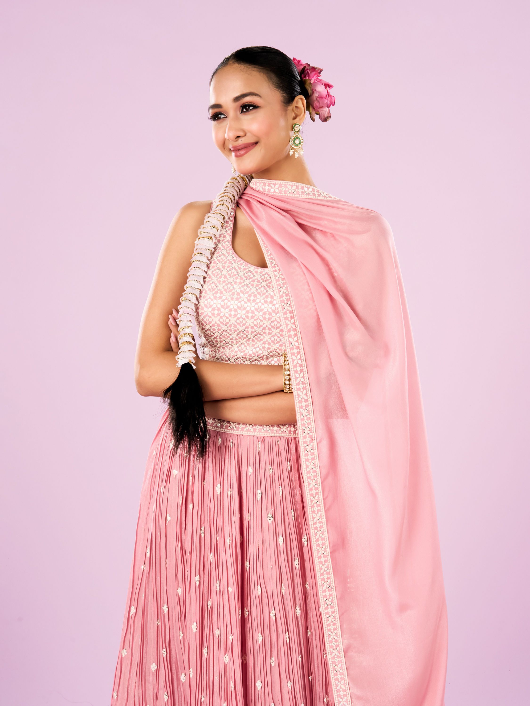Mohey Women Pink Chinon Lehenga Set