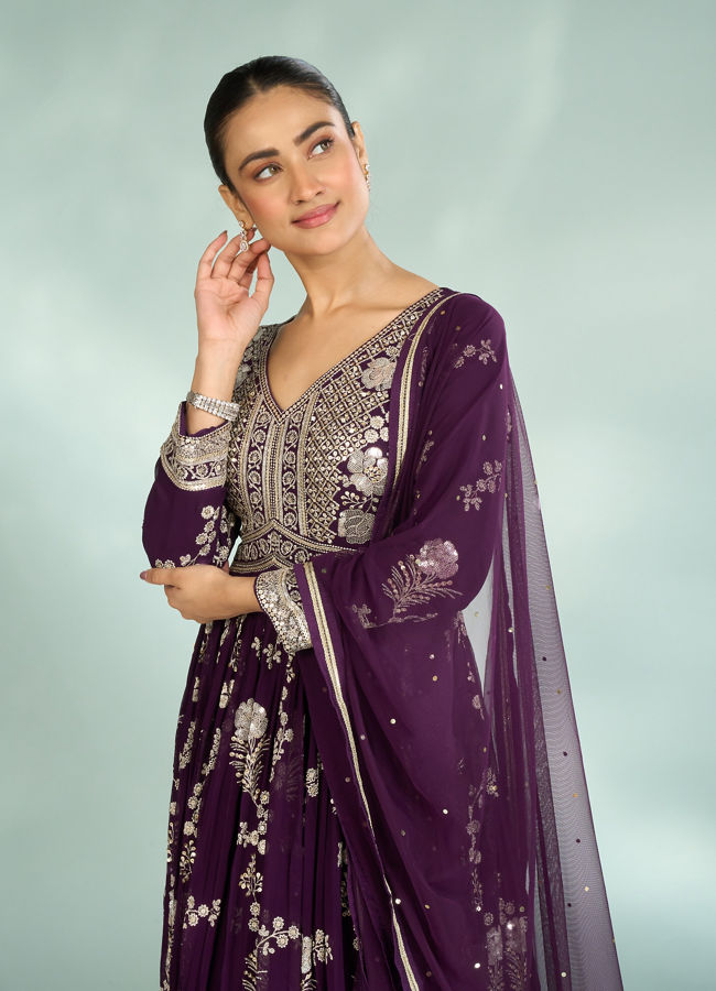 Mohey Women Wine Grandeur Georgette Anarkali Suit