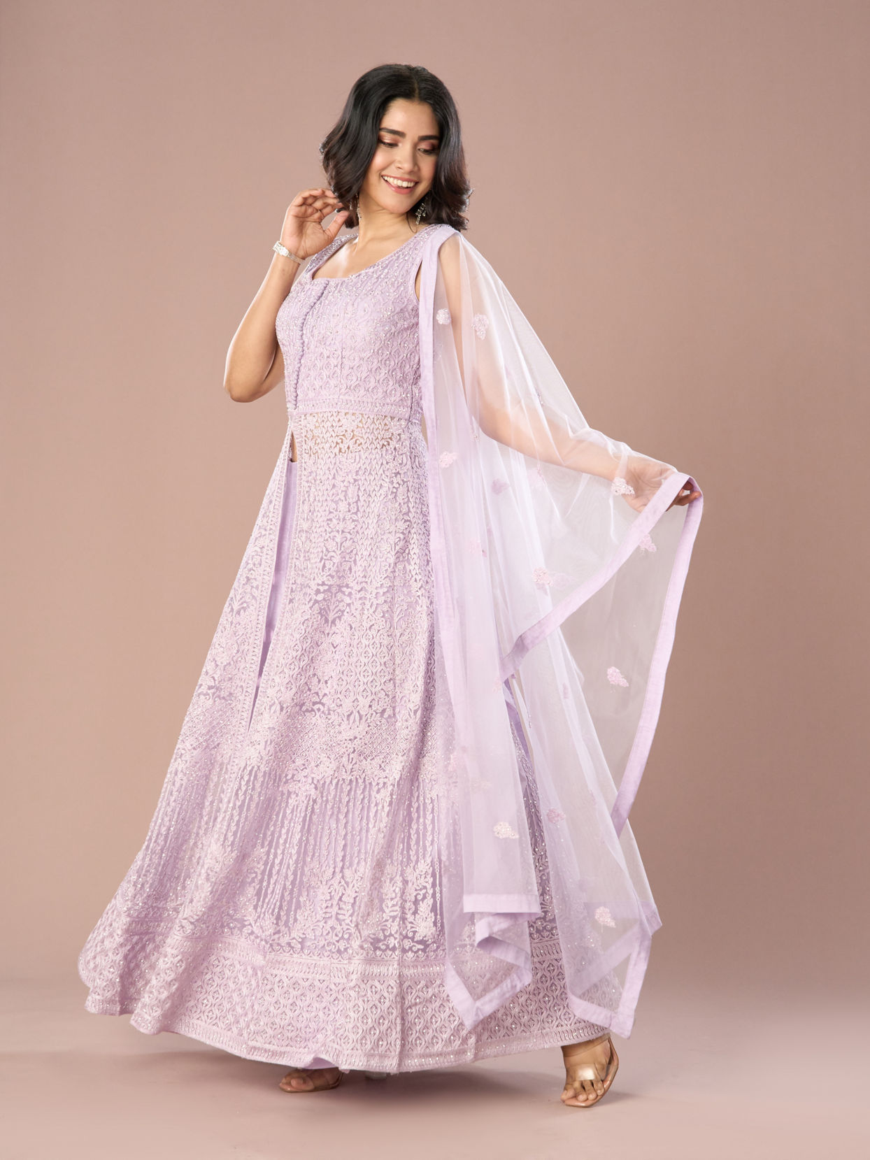 Mohey Women Lilac Net Anarkali Suit Set