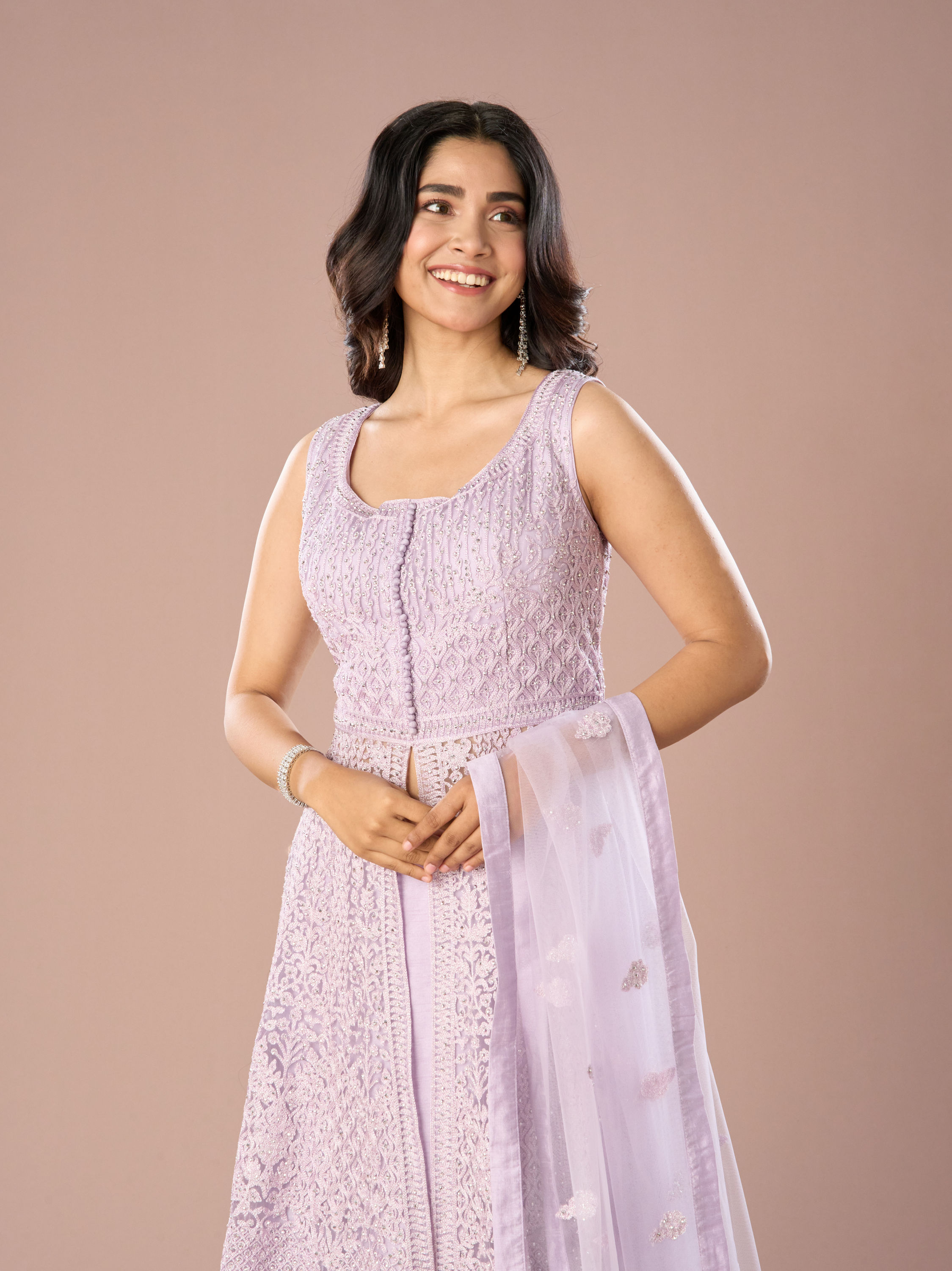 Mohey Women Lilac Net Anarkali Suit Set