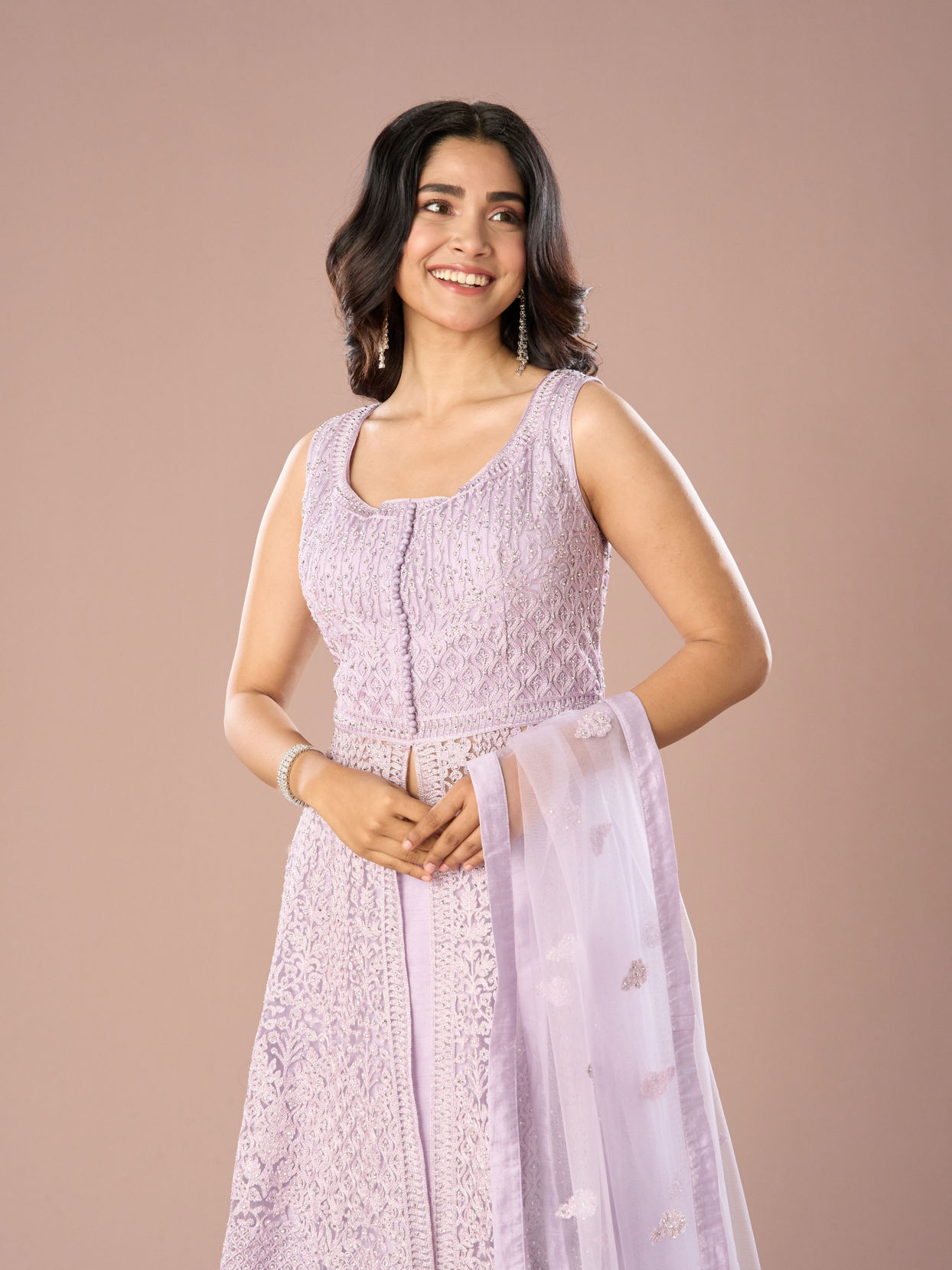 Mohey Women Lilac Net Anarkali Suit Set
