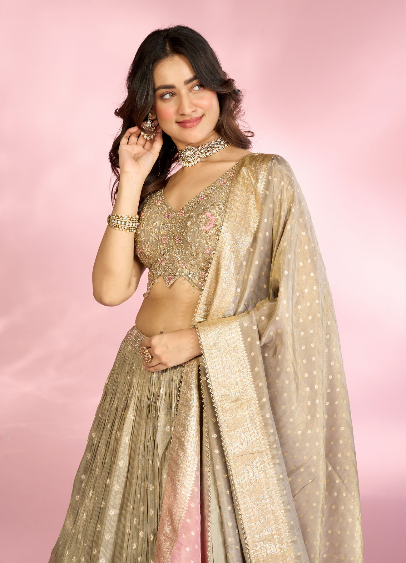 Mohey Women Elegant Grey Peach Lehenga